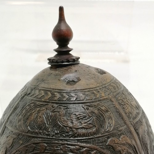 289 - Antique hand carved coconut / bugbear with crest entitled Batabid & depictions of buildings inc an i... 