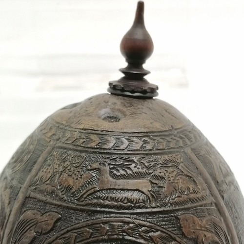 289 - Antique hand carved coconut / bugbear with crest entitled Batabid & depictions of buildings inc an i... 