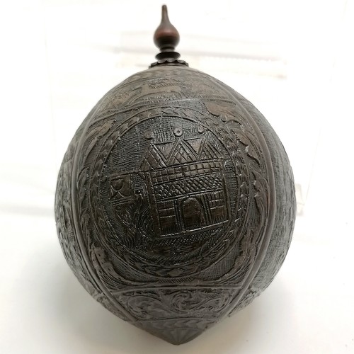 289 - Antique hand carved coconut / bugbear with crest entitled Batabid & depictions of buildings inc an i... 