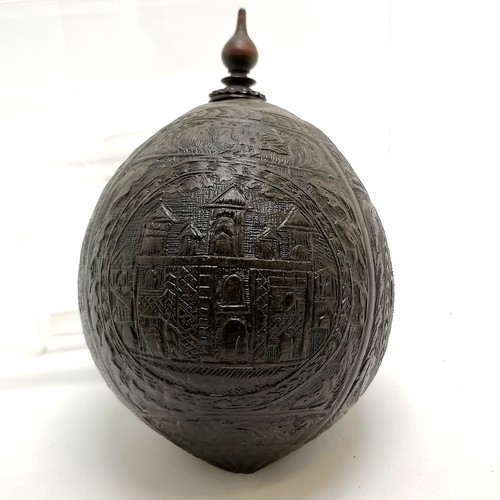 289 - Antique hand carved coconut / bugbear with crest entitled Batabid & depictions of buildings inc an i... 