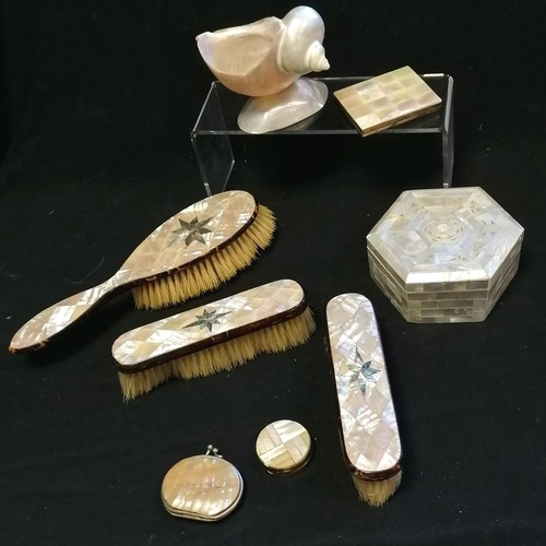 294 - Collection of vintage mother of pearl items inc Marhill powder compact, Paris plages purse, hexagona... 