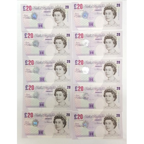 298 - c.1999 England lot of 11 x Elgar £20 notes inc CH consecutive run of 10 notes + CB