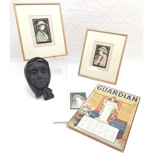 305 - Guardian calendar 1900, 3 watercolours of 1920's dressed ladies, 2 framed 1 unframed, t/w wall face ... 