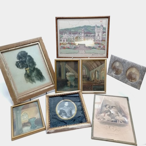 310 - Qty of framed pictures / photographs inc gothic interiors. poodle, hand worked Balmoral Castle needl... 