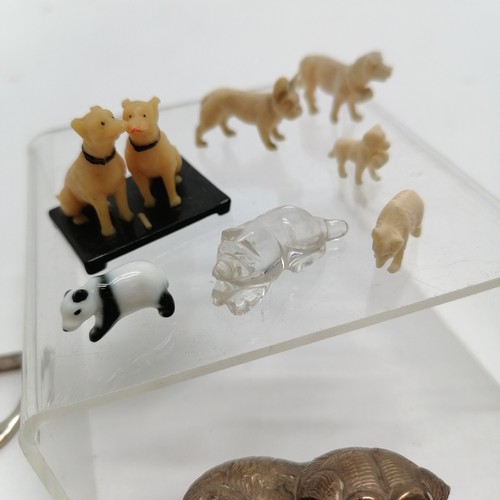 313 - 5 x Asian animal boxes, 3 carved bone dogs + bear, rock crystal animal & porcelain panda (1.9cm long... 