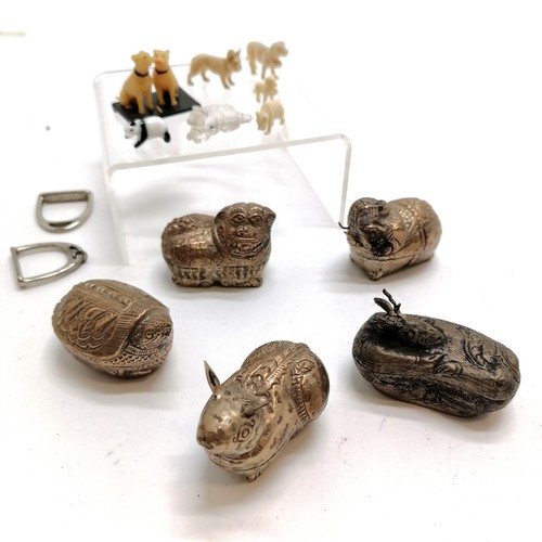 313 - 5 x Asian animal boxes, 3 carved bone dogs + bear, rock crystal animal & porcelain panda (1.9cm long... 