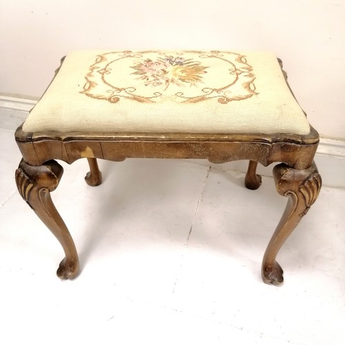 334 - Antique mahogany tapestry top dressing table stool, on unusual shaped pad feet, 50 cm wide, 42 cm de... 