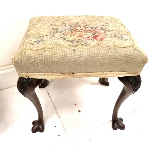 334 - Antique mahogany tapestry top dressing table stool, on unusual shaped pad feet, 50 cm wide, 42 cm de... 