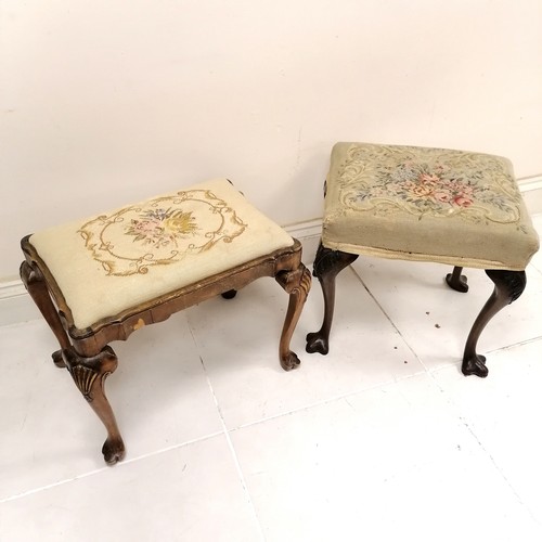 334 - Antique mahogany tapestry top dressing table stool, on unusual shaped pad feet, 50 cm wide, 42 cm de... 