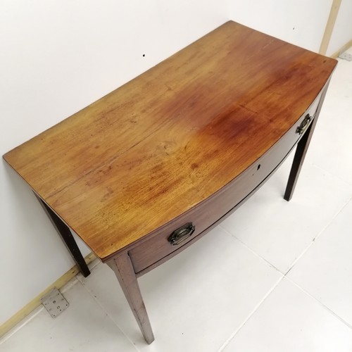 335 - Antique mahogany and ebony inlaid bowfront side table with single frieze drawer on square tapering l... 