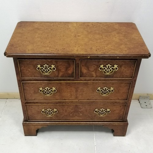 337 - William & Mary style burr oak chest of 2 short and 2 long drawers, with brass drop handles, on brack... 