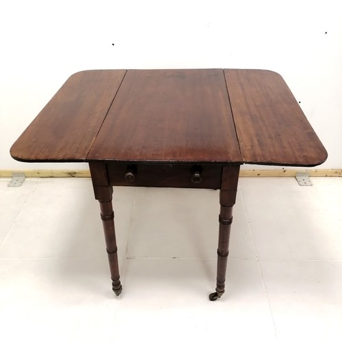 338 - Antique mahogany Pembroke table, with single end drawer, on turned column supports terminating on br... 