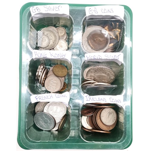 341 - Qty of coins sorted into GB silver / GB coins / Hong Kong / World silver (inc thaler) / French / Ire... 