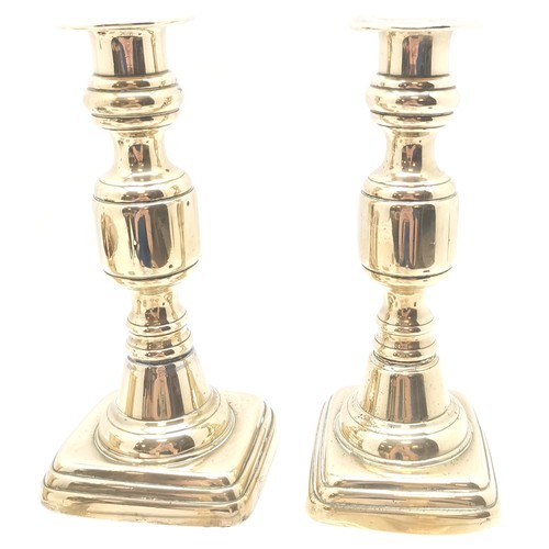 375 - Pair of Brass candlesticks with ejectors, 19.5 cm high, another pair with ejectors, brass string dis... 