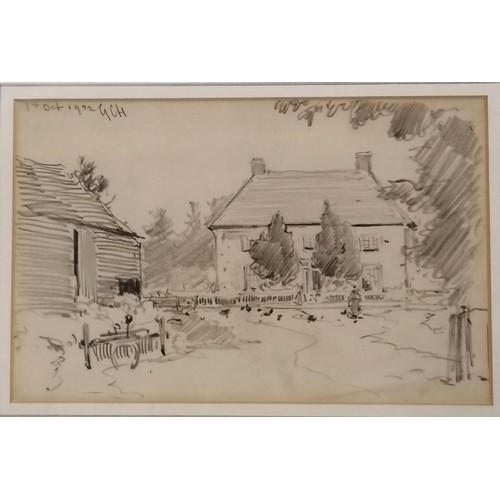 376 - Framed 1922 pencil drawing of a farmyard by George Charles Haite (1855-1924) - frame 26.5cm x 32cm