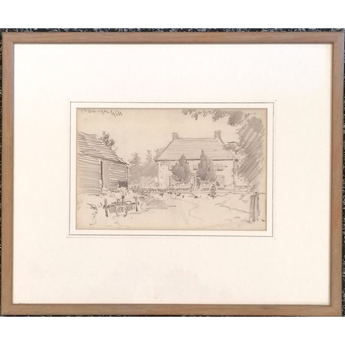 376 - Framed 1922 pencil drawing of a farmyard by George Charles Haite (1855-1924) - frame 26.5cm x 32cm