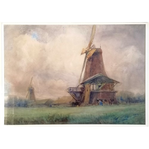 381 - Framed watercolour painting of 2 Norfolk windmills by Katherine S Sandford (exhib c.1909) - frame 58... 