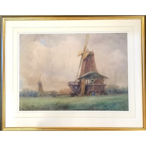 381 - Framed watercolour painting of 2 Norfolk windmills by Katherine S Sandford (exhib c.1909) - frame 58... 