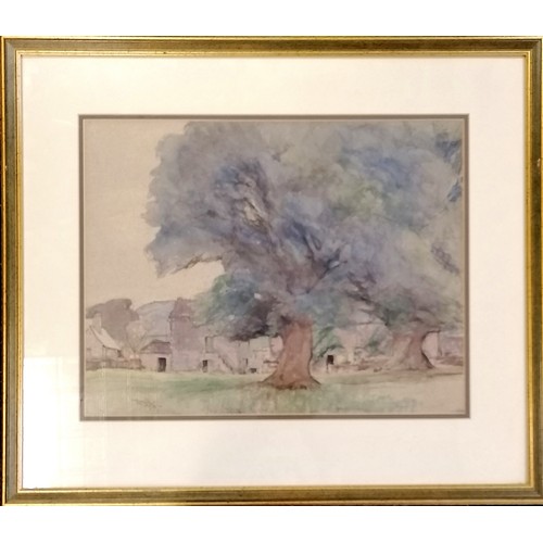 383 - Framed signed watercolour painting of a Yorkshire village - frame 55cm x 63cm