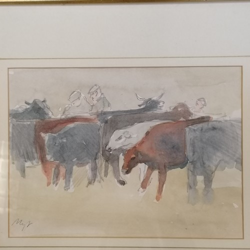 384 - Framed signed pencil / watercolour painting of a cattle market / county show - frame 39cm x 45cm