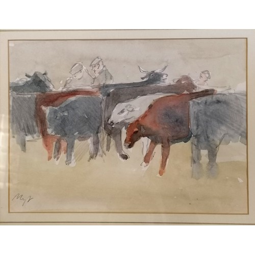 384 - Framed signed pencil / watercolour painting of a cattle market / county show - frame 39cm x 45cm