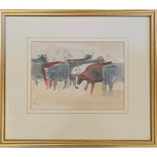 384 - Framed signed pencil / watercolour painting of a cattle market / county show - frame 39cm x 45cm