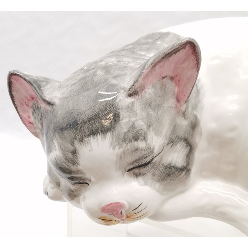 385 - Winstanley size 6 Tabby Cat, slight chips to ear,37 cm wide, 16 cm high, t/w Italian grey and white ... 