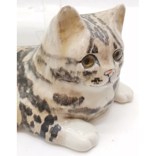 385 - Winstanley size 6 Tabby Cat, slight chips to ear,37 cm wide, 16 cm high, t/w Italian grey and white ... 