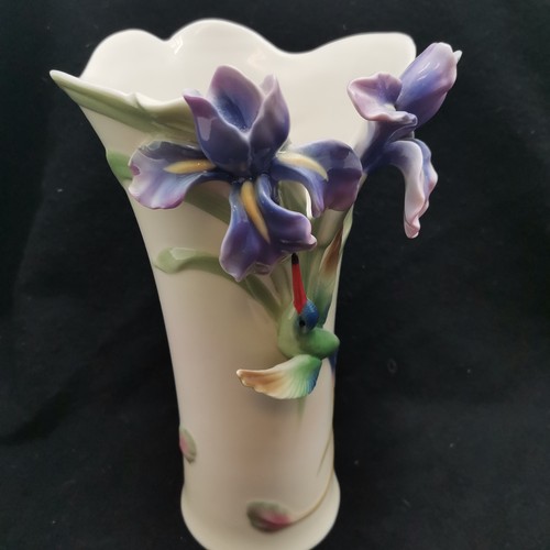 390 - Franz porcelain Bluebird & Iris vase, 23 cm high, 13 cm wide at top, good overall condition.