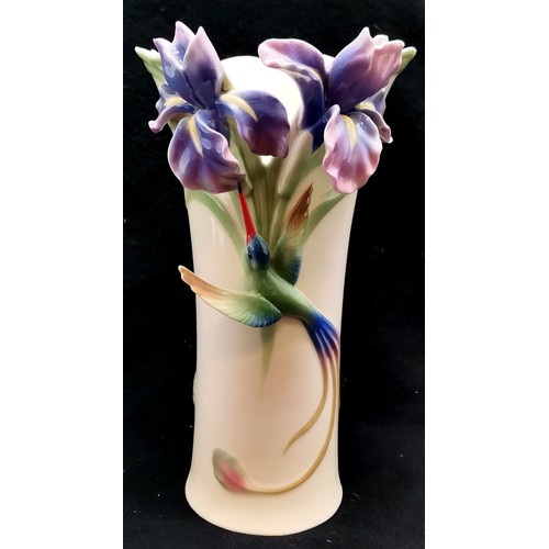 390 - Franz porcelain Bluebird & Iris vase, 23 cm high, 13 cm wide at top, good overall condition.