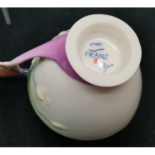 392 - Franz porcelain Butterfly cup, saucer & spoon, 9 cm high, 14 cm wide, in good overall condition.