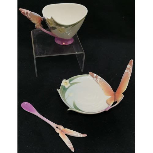 392 - Franz porcelain Butterfly cup, saucer & spoon, 9 cm high, 14 cm wide, in good overall condition.