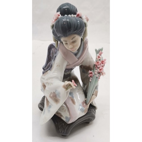 396 - Lladro Geisha holding parasol 'Oriental Spring' 29cm high, t/w Kneeling Geisha girl 'Kiyoko' picking... 