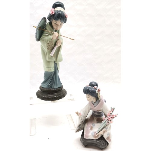 396 - Lladro Geisha holding parasol 'Oriental Spring' 29cm high, t/w Kneeling Geisha girl 'Kiyoko' picking... 