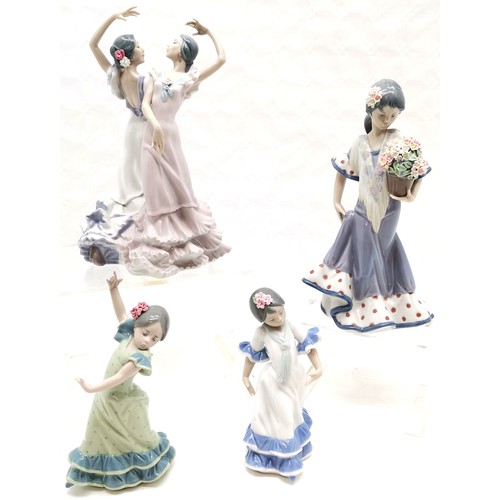 398 - Lladro Pair of Spanish Flamenco dancers 'Olé' 28cm high, Young girl in Flamenco dress holding pot of... 