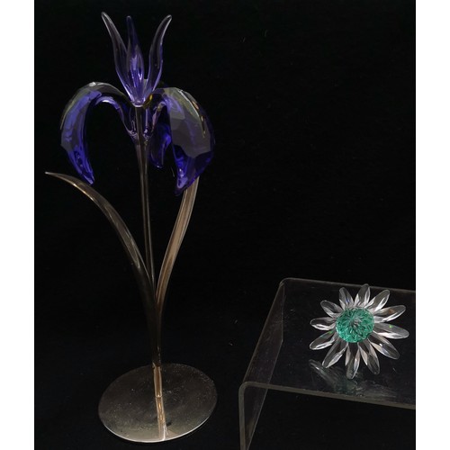 410 - Swarovski crystal Blue iris on stand, 20 cm high. t/w daisy head, all good condition.