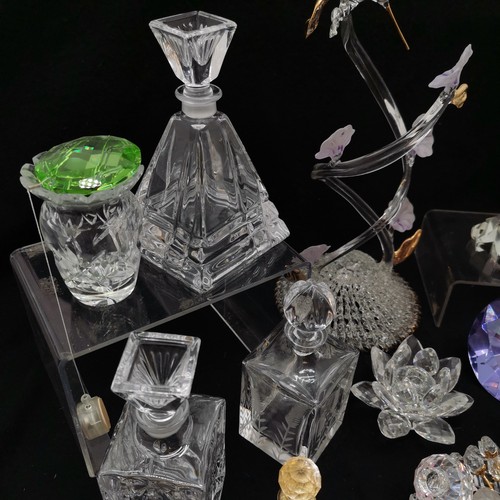 419 - Bohemian Crystal hummingbird, Hand blown hummingbird figure group, various scent bottles etc.