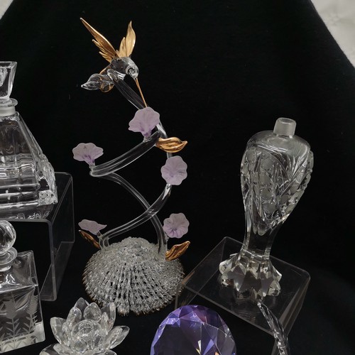 419 - Bohemian Crystal hummingbird, Hand blown hummingbird figure group, various scent bottles etc.