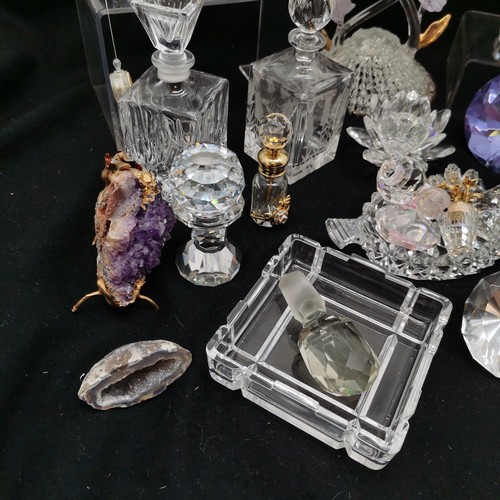 419 - Bohemian Crystal hummingbird, Hand blown hummingbird figure group, various scent bottles etc.