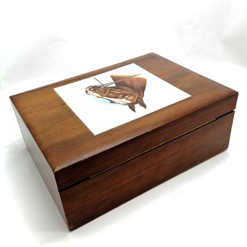 421 - Vintage wooden cigar humidor with porcelain panel to lid of horse head design ~ interior has origina... 