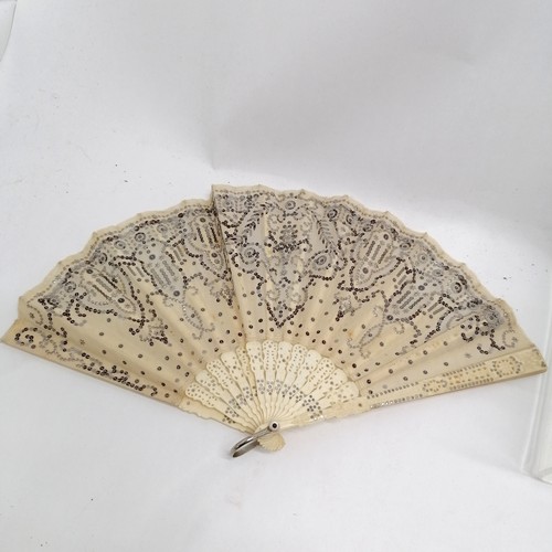 425 - 2 x antique fans with sequin decoration (1 with original box & the other has slight deterioration), ... 