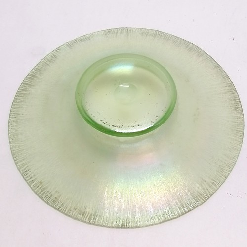 445 - Art glass flared green dish with iridescent lustre - 29.5cm diameter and has some water staining to ... 