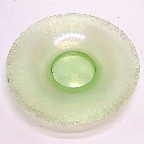 445 - Art glass flared green dish with iridescent lustre - 29.5cm diameter and has some water staining to ... 