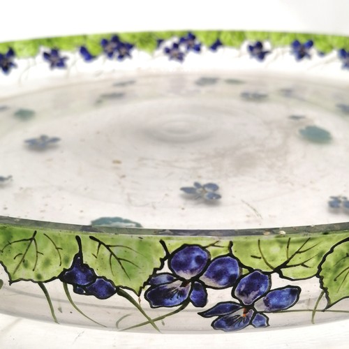 446 - Large antique Arts & Crafts glass dish with floral enamel decoration - 45cm diameter and has signs o... 