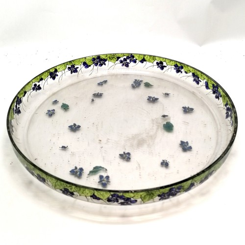 446 - Large antique Arts & Crafts glass dish with floral enamel decoration - 45cm diameter and has signs o... 