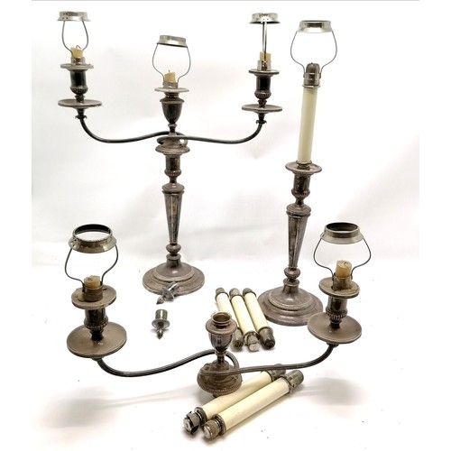 455 - Pair of antique 3 branch silver plated candelabrum which convert to 2 candlesticks - 47cm high t/w 6... 