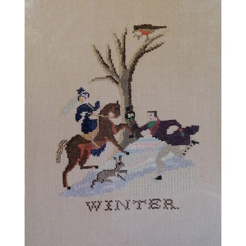 458 - 4 x hand stitched needlepoints depicting the 4 seasons - frame 23cm x 18.5cm ~ slight marks to backg... 