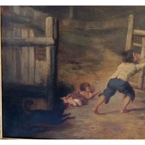 465 - Antique original oil painting on canvas of boys + gate after / in the school of 'As happy as a king'... 