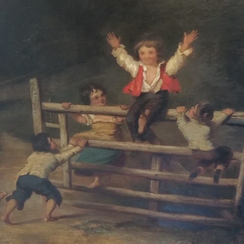 465 - Antique original oil painting on canvas of boys + gate after / in the school of 'As happy as a king'... 