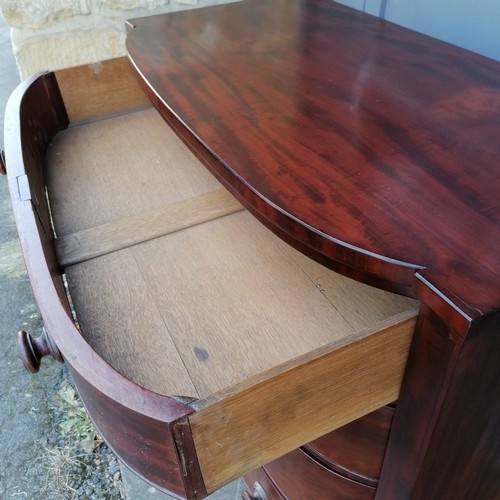 470 - Antique mahogany bow front chest of 4 long graduated drawers with ebony string inlay columns, termin... 